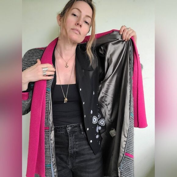 The Sandra 90s Vintage Grid Wool Zip Up Sweater L - Picture 6 of 16